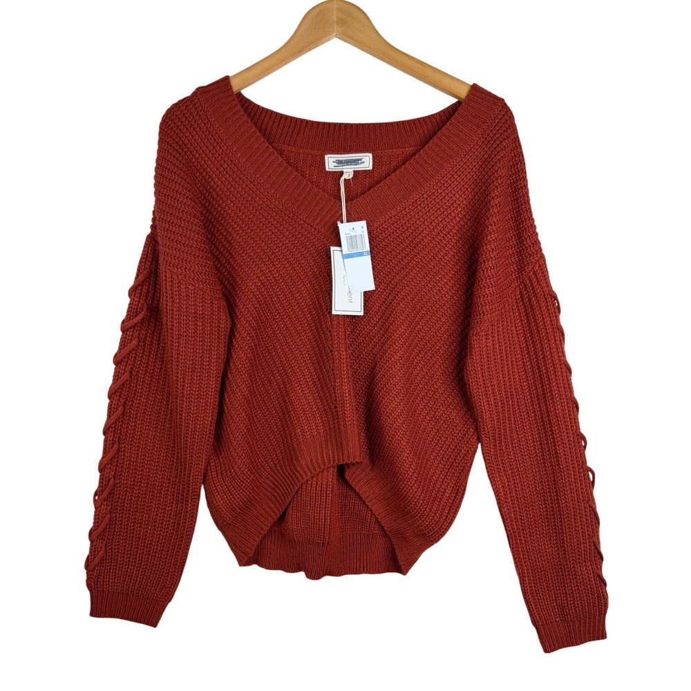 NWT No Comment NY Women's V-neck Lace Up Sleeve Sweater size XL Rust Orange